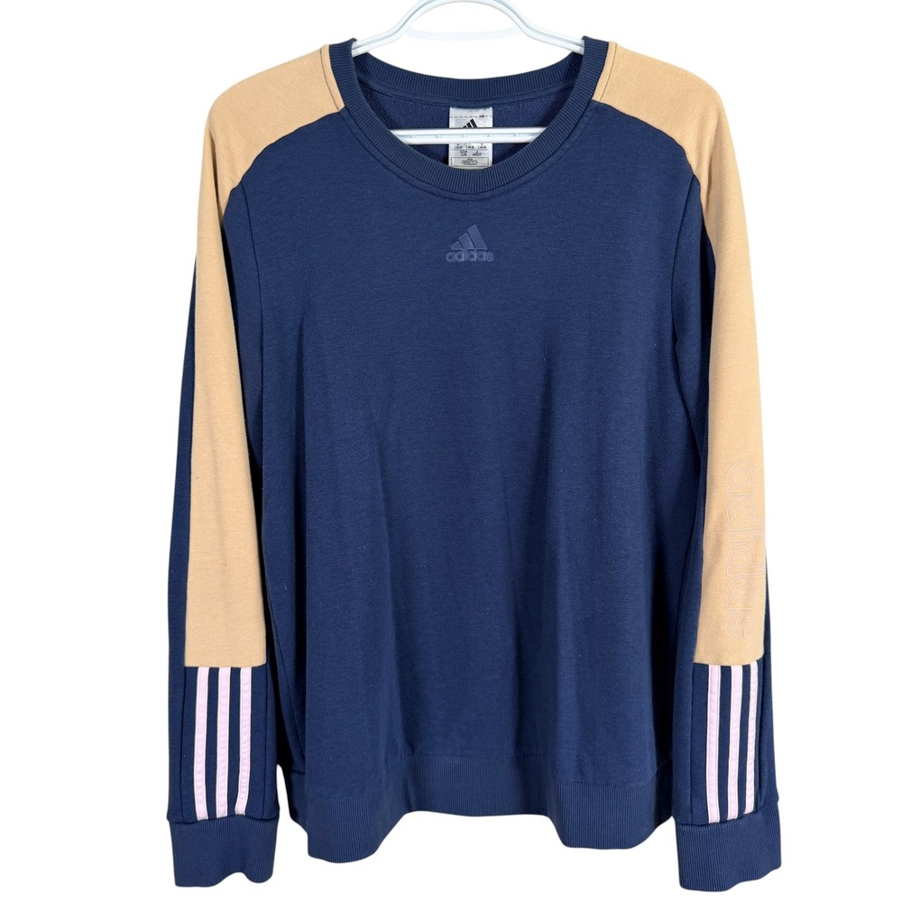 Adidas Sweatshirt Youth L (16-18) Blue Tan Pink Colorblock 3-Stripe Pullover